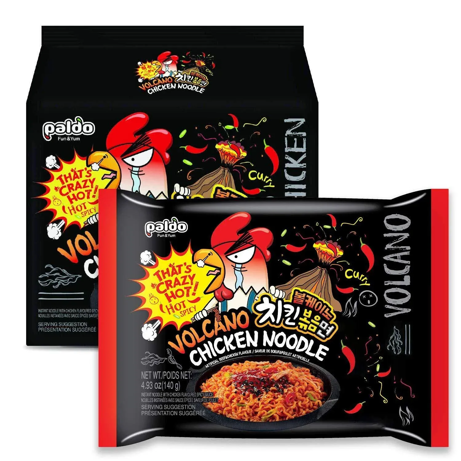 Paldo Fun & Yum Volcano Extremely Hot & Spicy Stir Fried Chicken Instant Noodles, Pack of 4, Soupless Original Korean Ramyun, Spicy Ramen Challenge, Chicken Bokkeummyun, 140g (4.93 oz) x 4