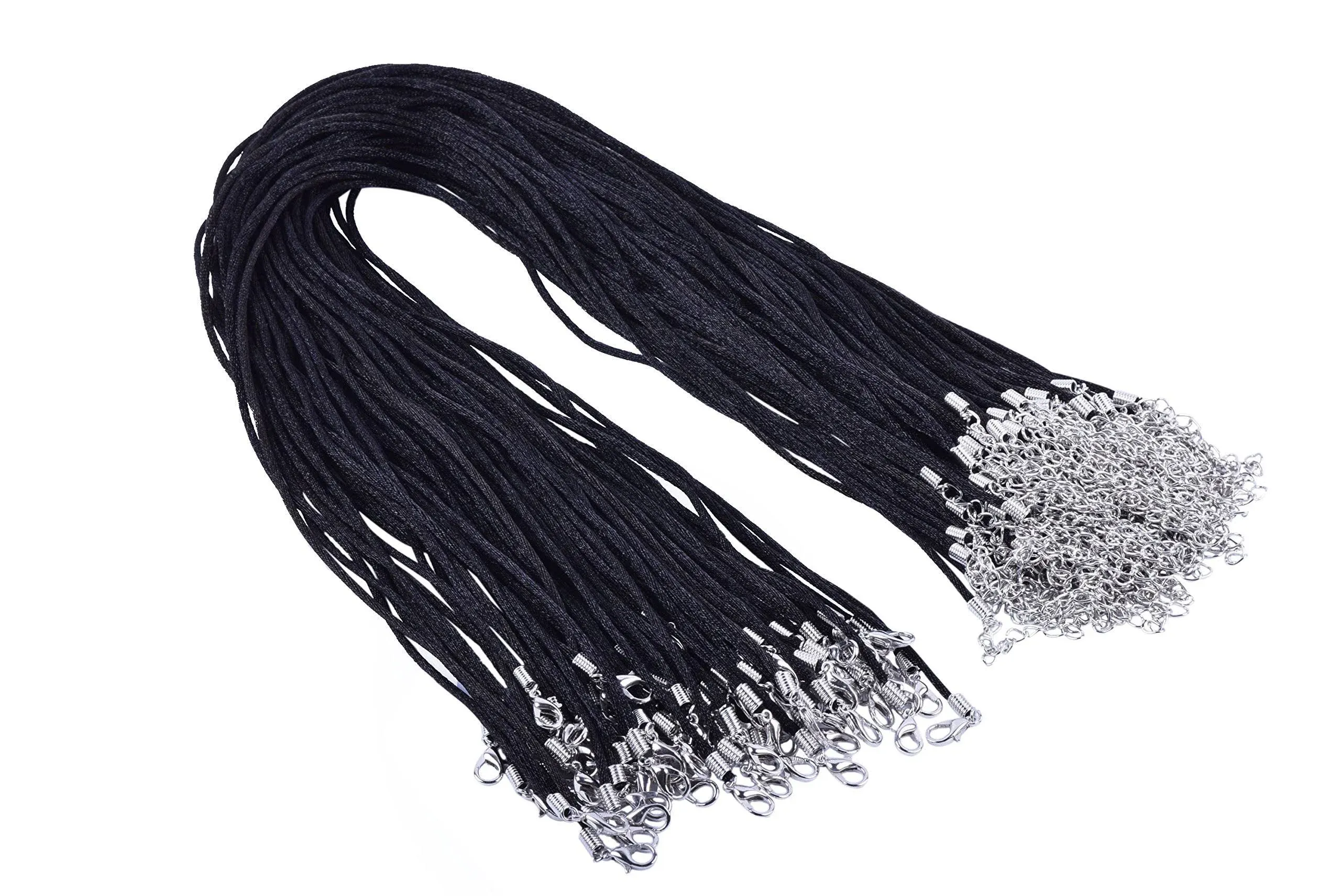 50pcs Black Satin Silk Necklace Cord 2.0mm/28&#039;&#039; with 2&#039;&#039; Extension Chain Lead...