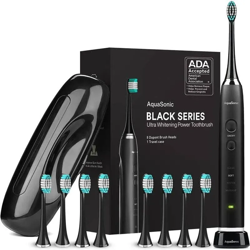 AquaSonic Black Series Ultra Whitening Rechargeable Toothbrush – 8 Brush Heads & Travel Case- ADA Accepted