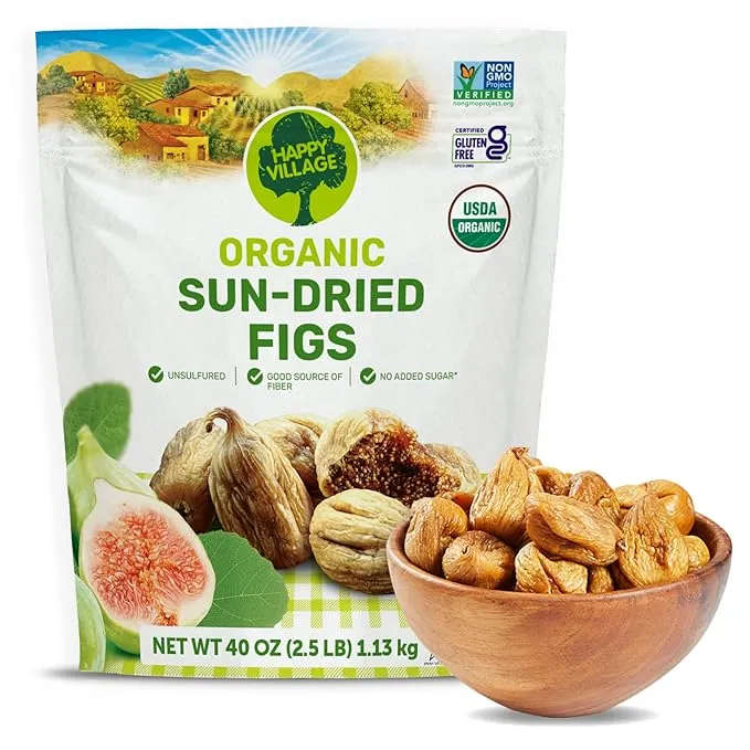 Happy Village Organic Turkish Dried Figs, No Sugar Added Dried Fruit, 40 OZ Resealable Pack - Kosher, Non-GMO, Unsweetened, Unsulfured, Vegan, Sun-Dried Organic Figs