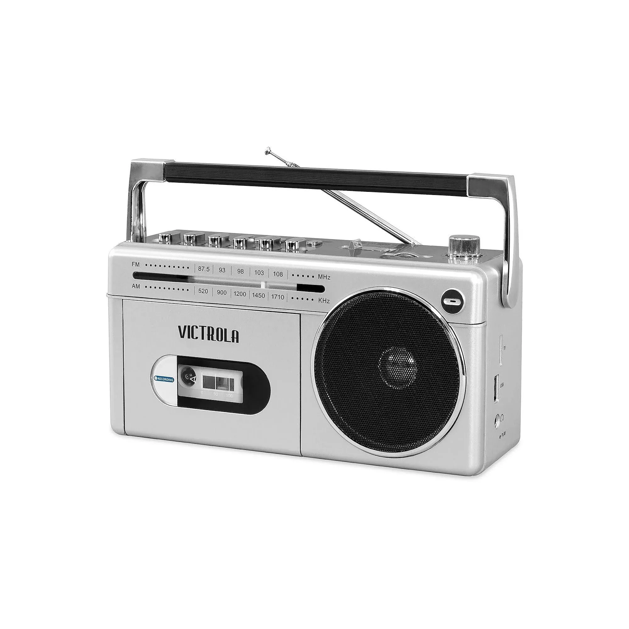 Victrola VBB-25-SLV Mini Bluetooth Boombox with Cassette Player, Recorder and...