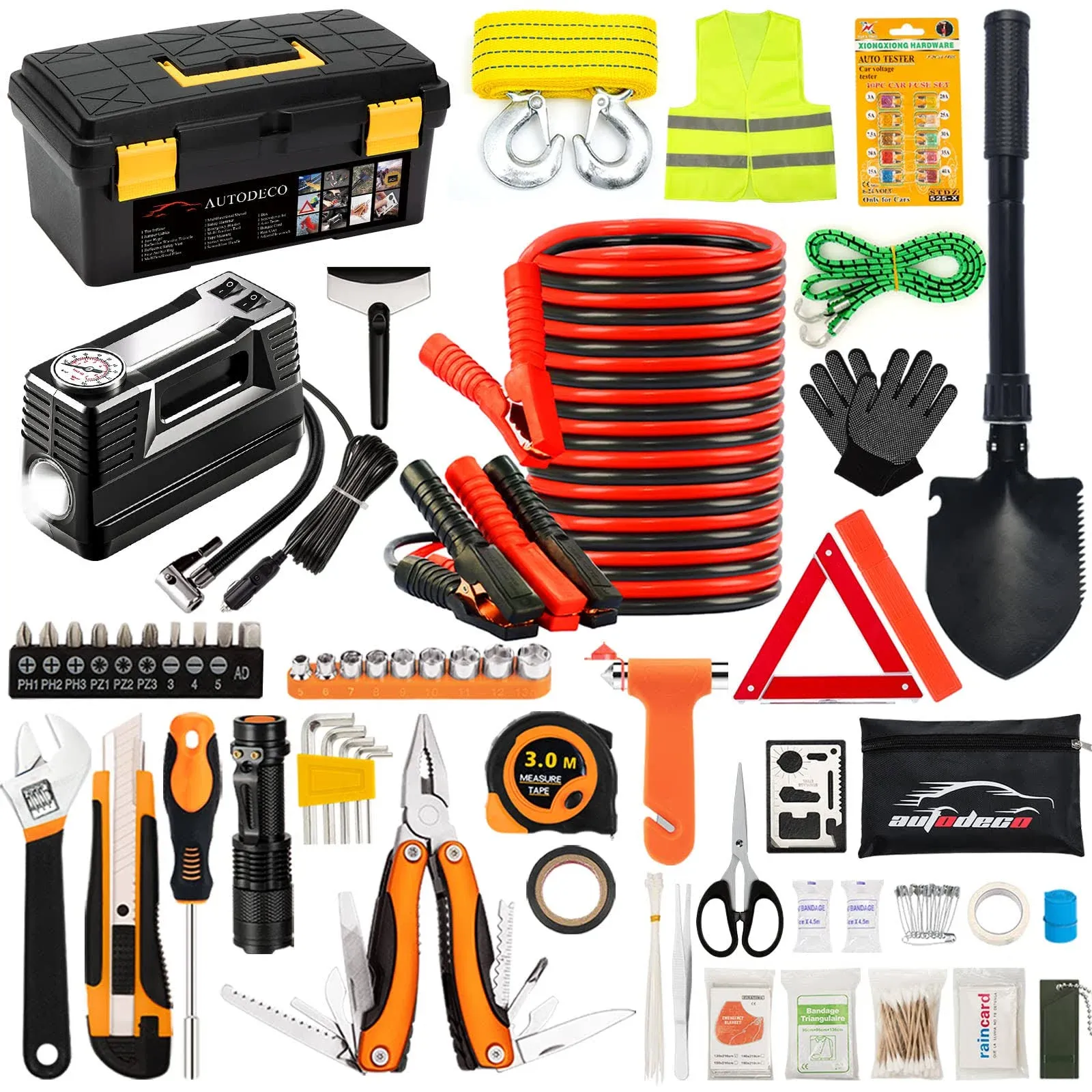 98 PCS Roadside Car Emergency Assistance Kit with Portable Air Compressor Jumper