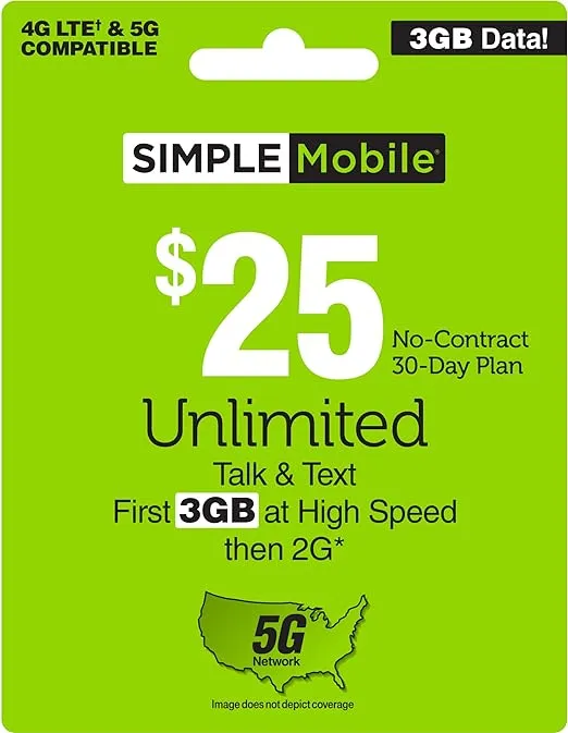 Simple Mobile - $25 Unlimited Talk & Text 30-Day Plan (Email Delivery) Digital