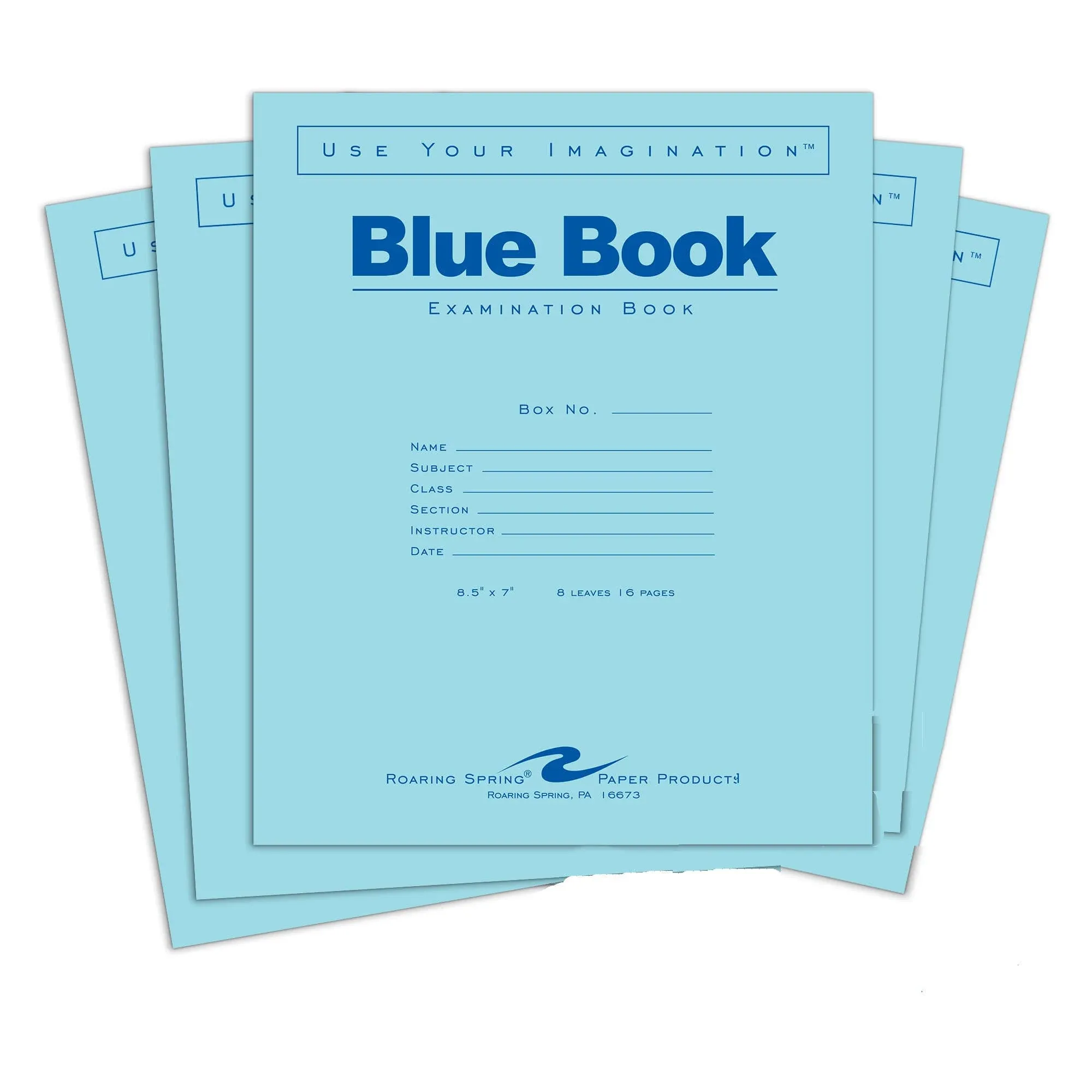 ROARING SPRING Exam Blue Books, 50 Pack, 8.5" x 7", 8 Sheets/16 Pages, Wide Ruled with Margin, Proudly Made in the USA