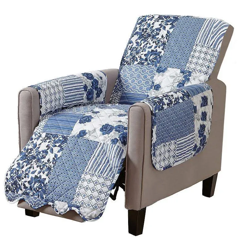 Great Bay Home Patchwork Scalloped Printed Reversible Recliner Furniture Protector - Navy