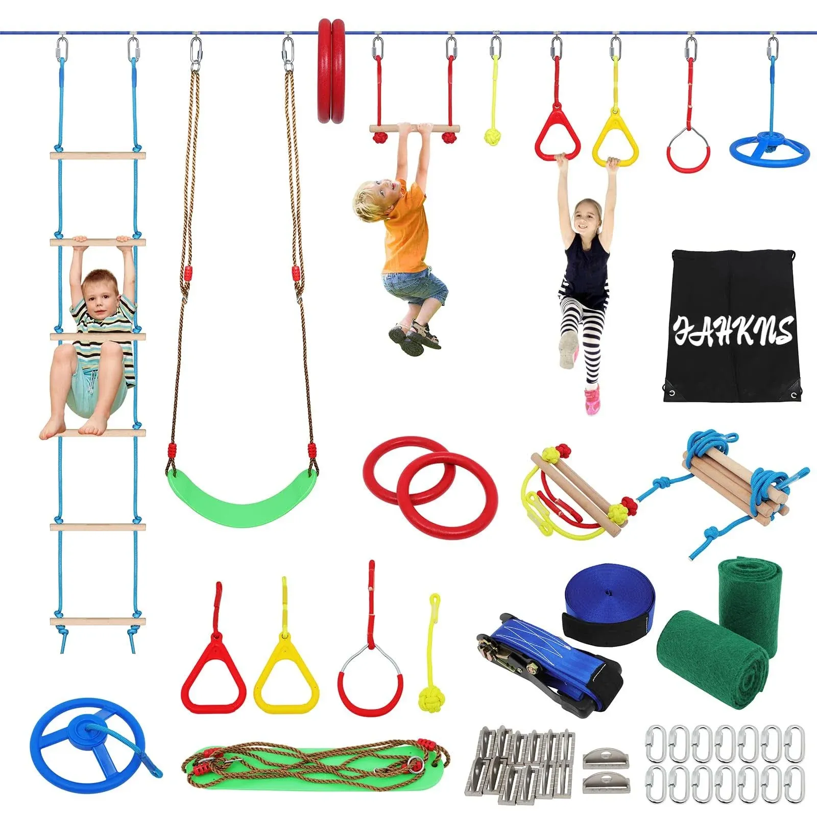 Ninja Warrior Kids Obstacle Course, 55 ft Durable Slackline with 14 Obstacles ...