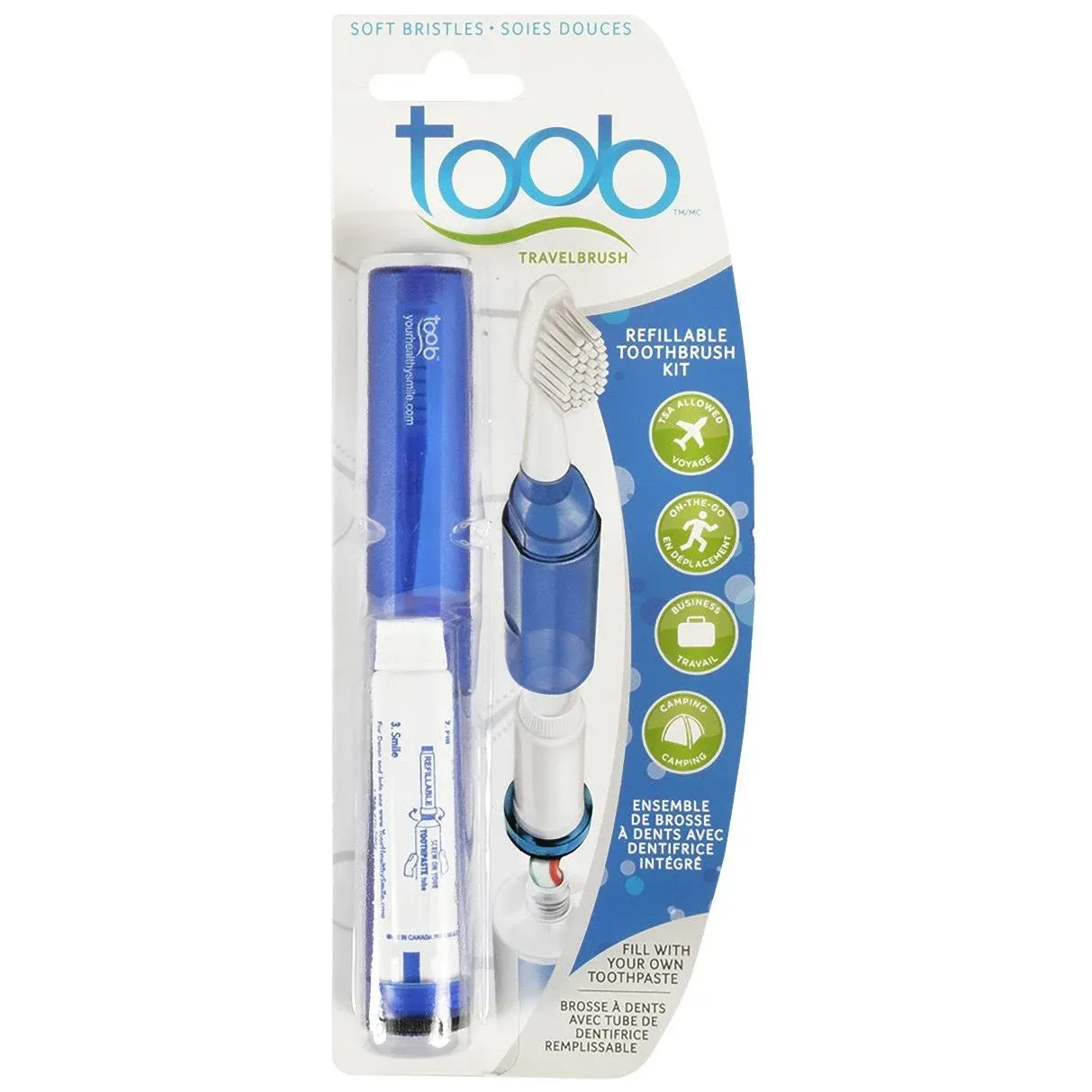 Toob 4-in-1 Refillable Travel Toothbrush Kit - Blue