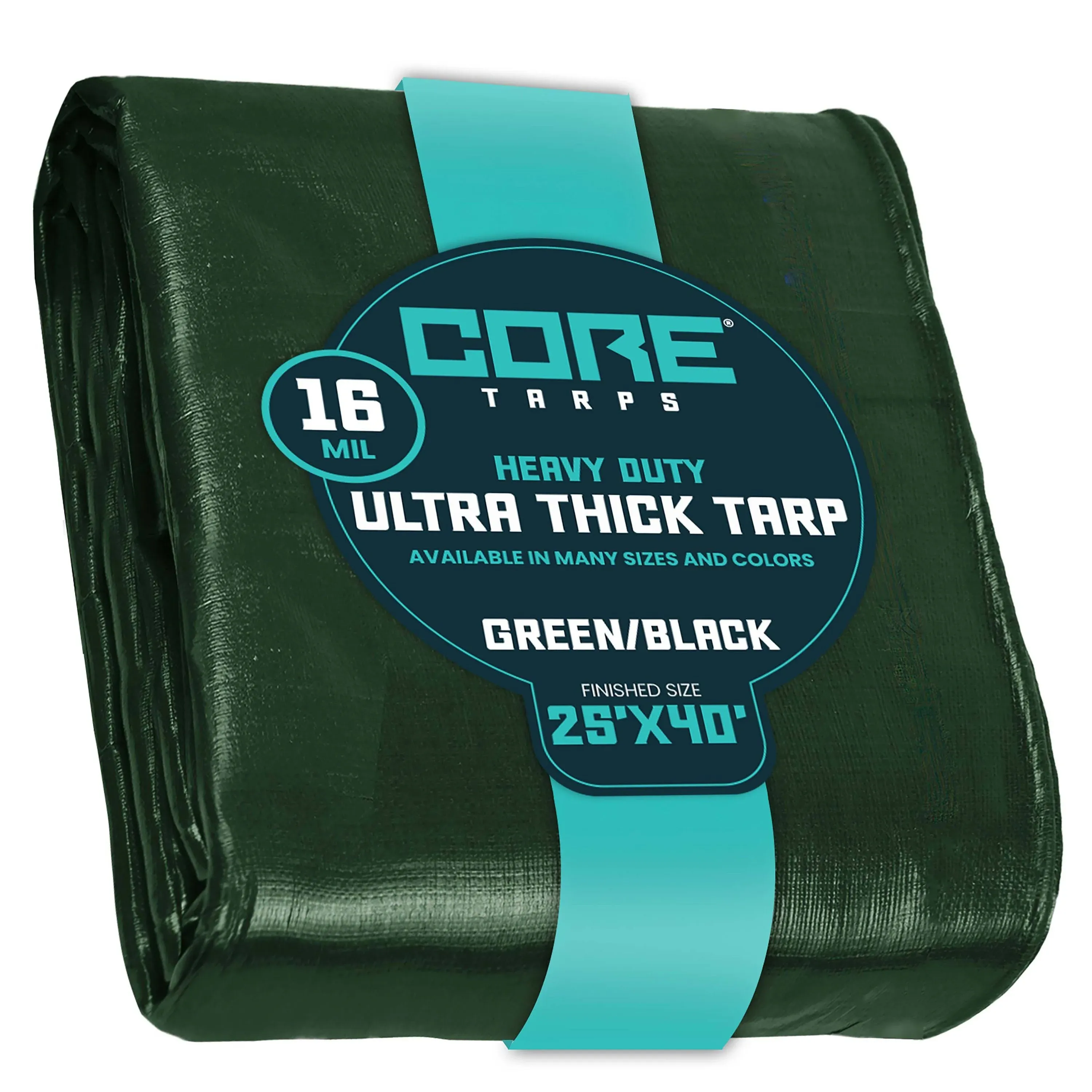 Core Tarps 25' x 40' Green / Black Extra Heavy-Duty Weatherproof 16 Mil Poly Tarp with Reinforced Edges