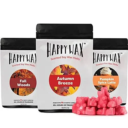 Happy Wax Fall Mix Premium Scented Natural, Non Toxic Soy Wax Melts – 6 Total Oz. of Scented Wax Melts. Includes: Fall Woods, Autumn Breeze, and Pumpkin Spice Latte