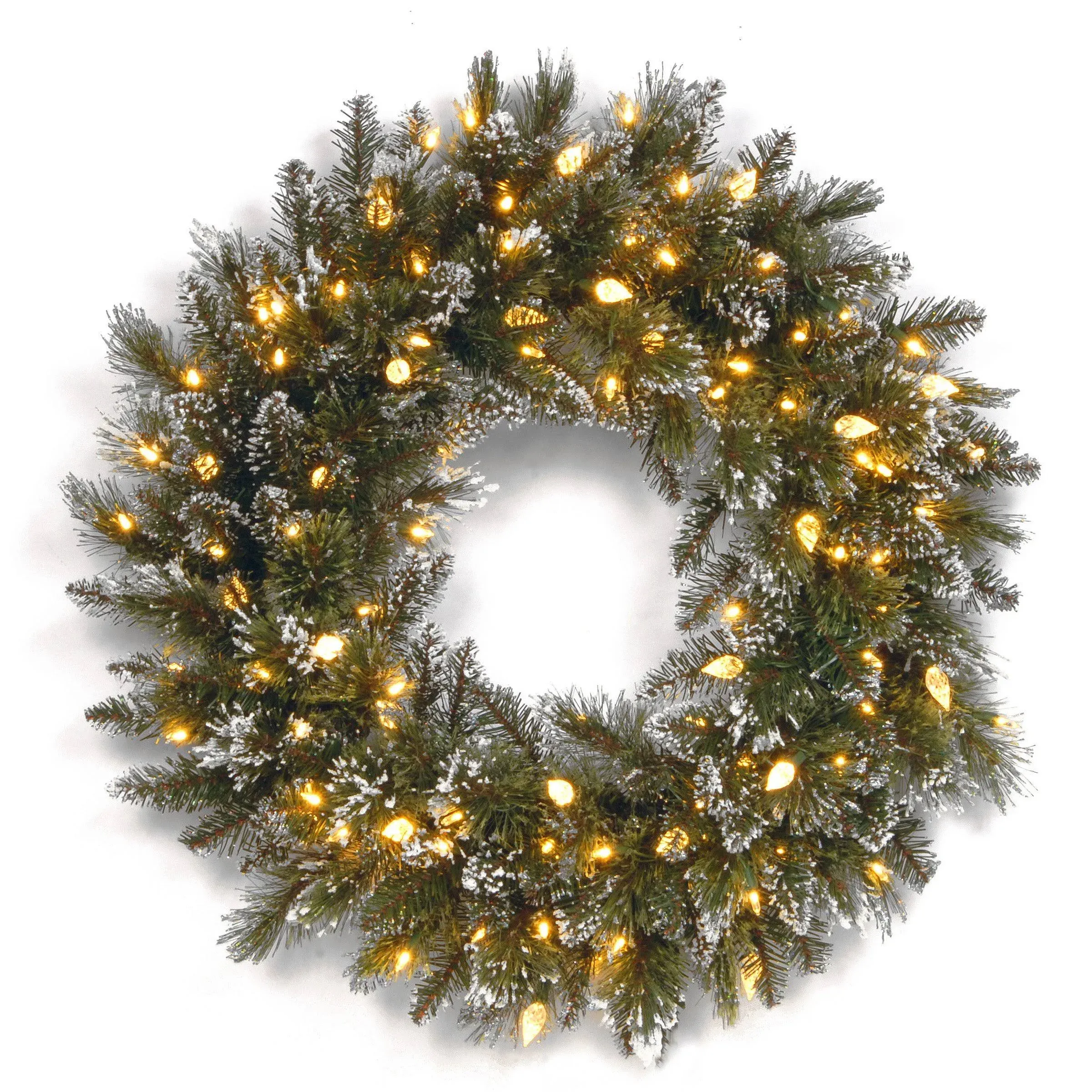 24" Glittery Bristle Pine Wreath With 50 Soft White C7 Led Lights In Green