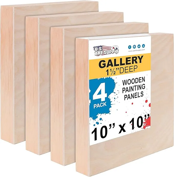 U.S. Art Supply 10 inch x 10 inch Birch Wood Paint Pouring Panel Boards, Gallery 1-1/2 inch Deep Cradle (Pack of 4), Multicolor