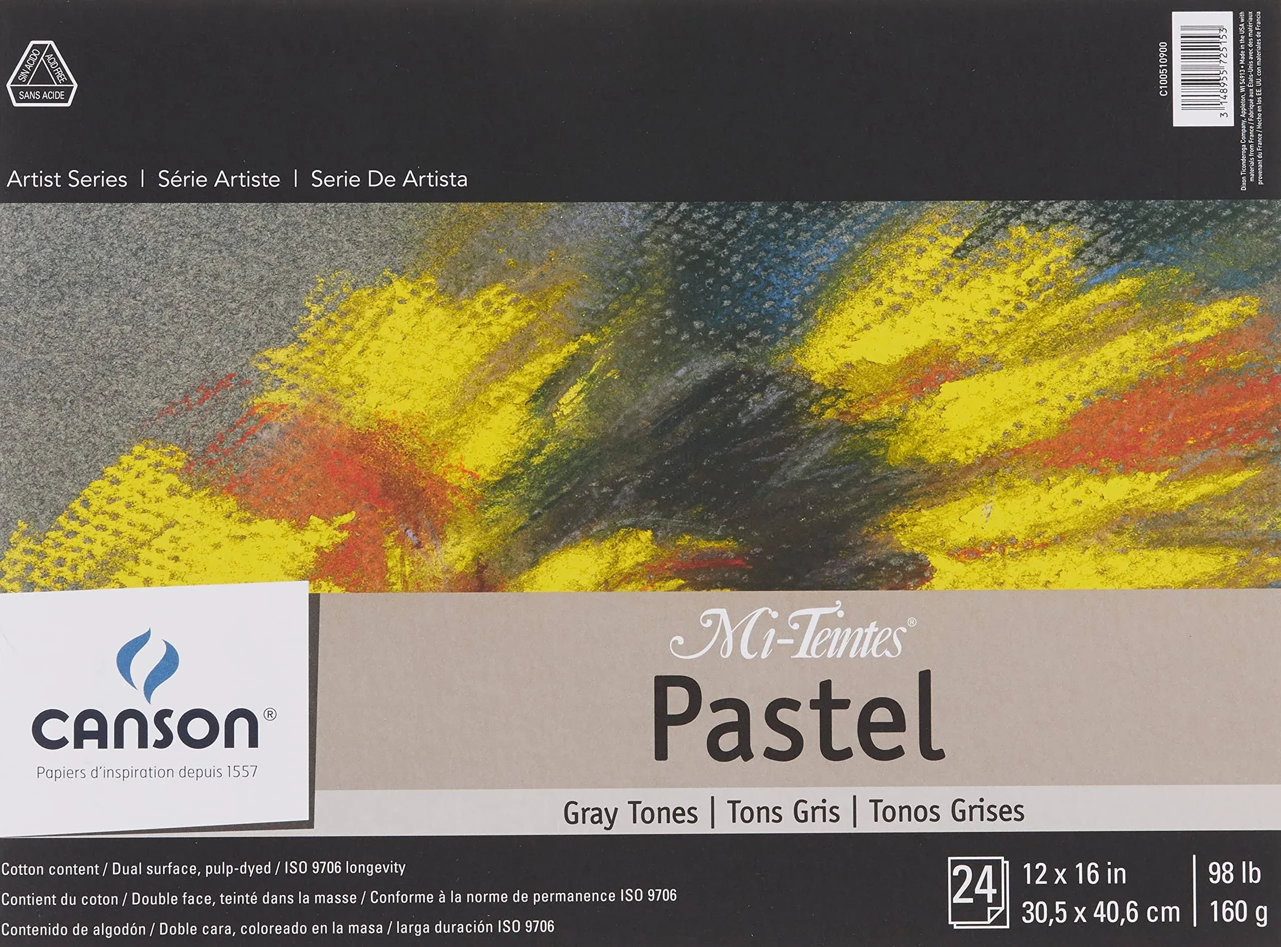 Canson Artist Series Mi-Teintes Pastel Paper, Gray Tones, Foldover Pad, 12x16 inches, 24 Sheets (98lb/160g) - Artist Paper for Adults and Students