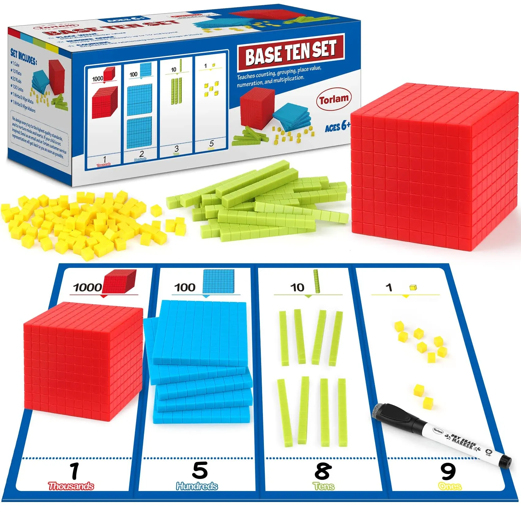 Torlam 131 PCS Base Ten Blocks for Math - Place Value Blocks, Plastic Base 10 Math Manipulatives 1st Grade, Math Counters, Number Blocks, Math Cubes, Counting Cubes for Kids Math