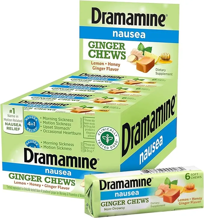 Dramamine Ginger Chews, Nausea Relief Soft Chews Lemon-Honey-Ginger, 6 Count, 12 Pack