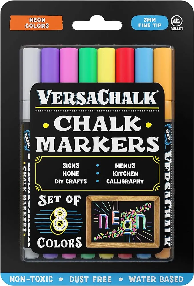 VersaChalk Liquid Chalk Markers for Blackboards - 8 Pack, Fine Tip (3mm) - Neon Colors - Erasable and Washable