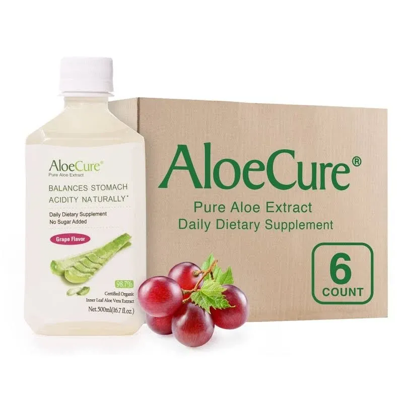 AloeCure USDA Organic Aloe Vera Juice Grape Flavor, Made Within 12 Hours of Harvest - Pure Aloe Vera Drink Natural Treatment for Acid Reflux, GERD, Natural Acid Buffer, Aloe Vera Inner Fillet Juice