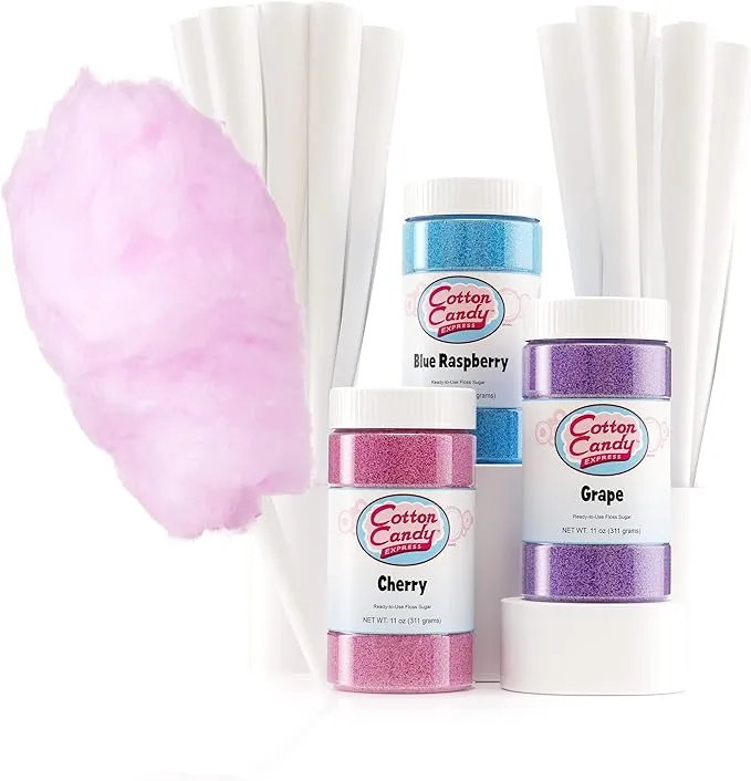 Cotton Candy Express Floss Sugar Variety Pack with 3 - 11oz Plastic Jars of Cherry, Blue Raspberry & Grape Flossing Sugars Plus 50 Paper Cotton Candy Cones