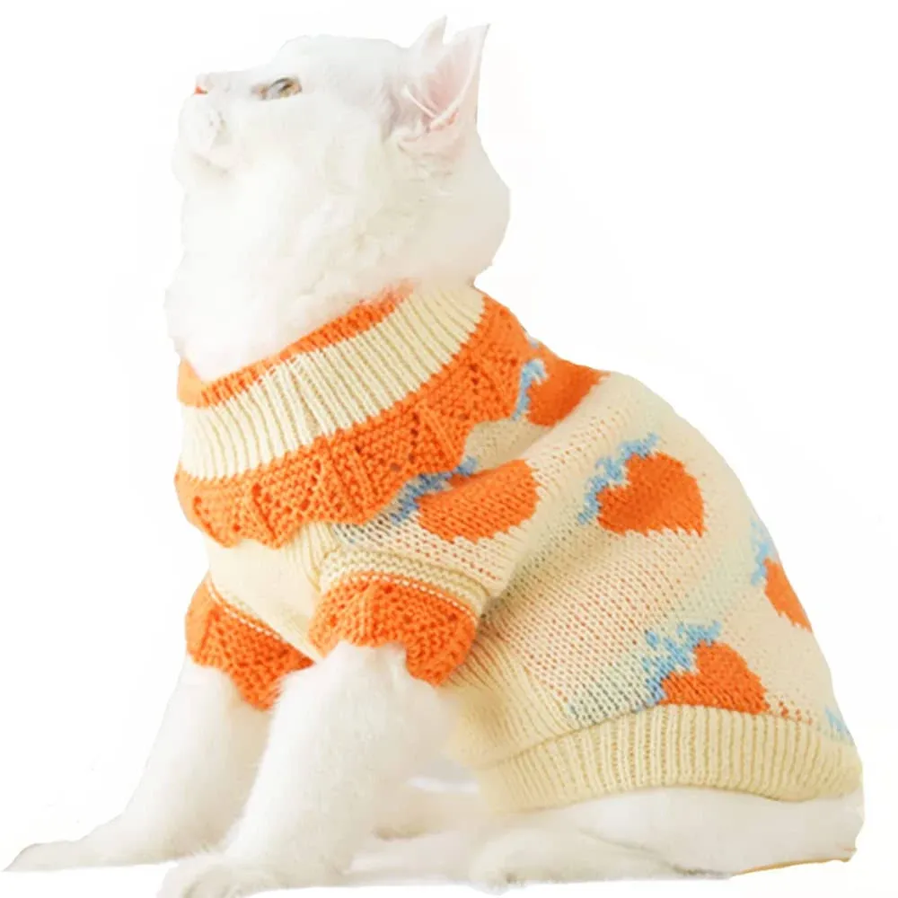 ANIAC Fall Dog Sweater for Small Dog Girl Strawberry Knitted Cat Sweater Winter Puppy Clothes Turtleneck Kitten Knitwear Could Weather Outfit for Teacup Chihuahua Yorkie Poodle (Large, Orange)