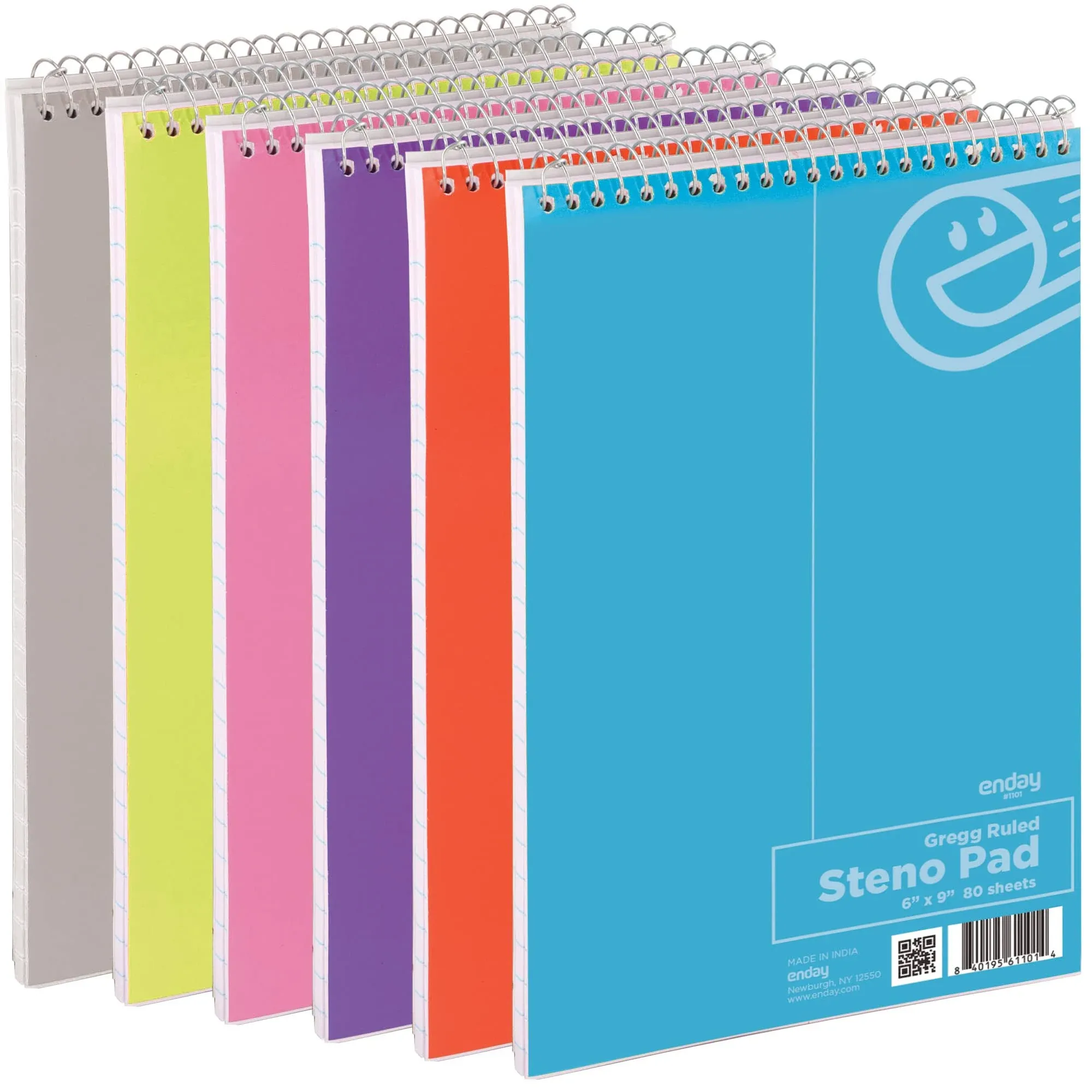 Enday Steno Pads Spiral 6 Pack, 6 x 9, 80 Sheets White Paper, Gregg Rule, Steno Notebook for writing, Assorted Colors, Pink, Purple, Green, Blue, Red, Grey