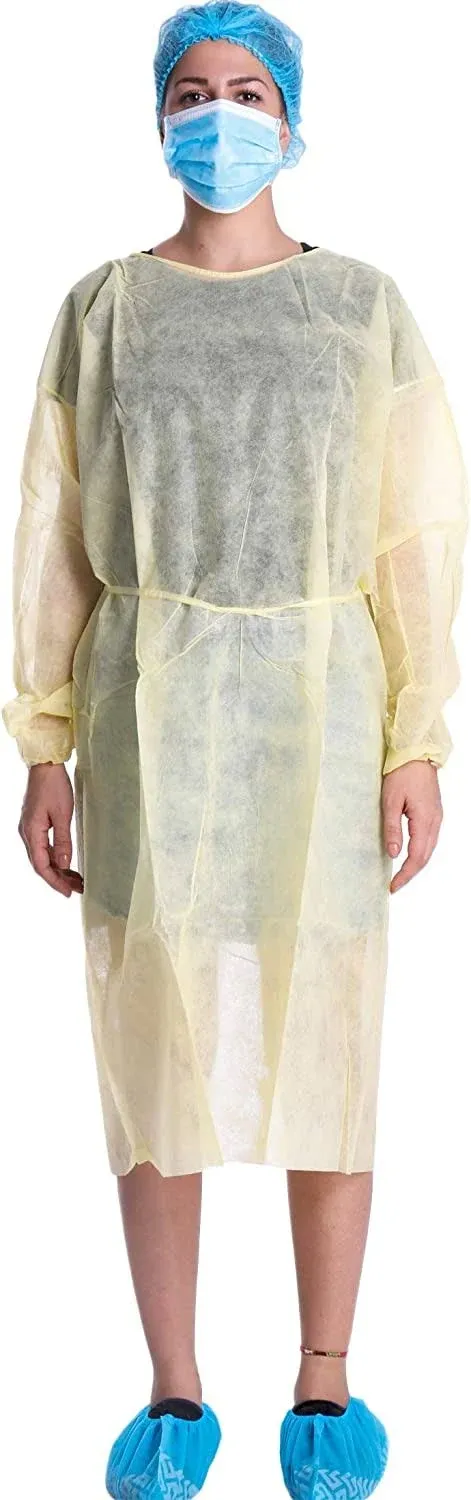 ProtectX (Blue 10 Pack Disposable Breathable Polypropylene Isolation Gown with Elastic Knit Cuffs, Covered Back, Extra-Long Double Ties, Universal Size