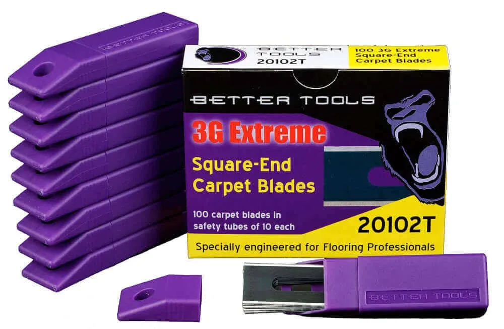 Better Tools 3G Extreme Square End Carpet Blade - 100 blades/Pack - 10 blades/tube - Professional 0.01” Thick Steel Replacement Blades for Carpet Knives