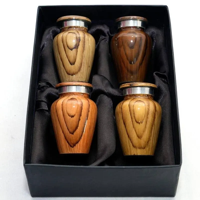 Wooden Print Metallic Small Urns for Ashes - Cremation Urn for Men & Women - Set of 4 Mini Urns - Keepsake Urns for Human Ashes - Honor Your Loved