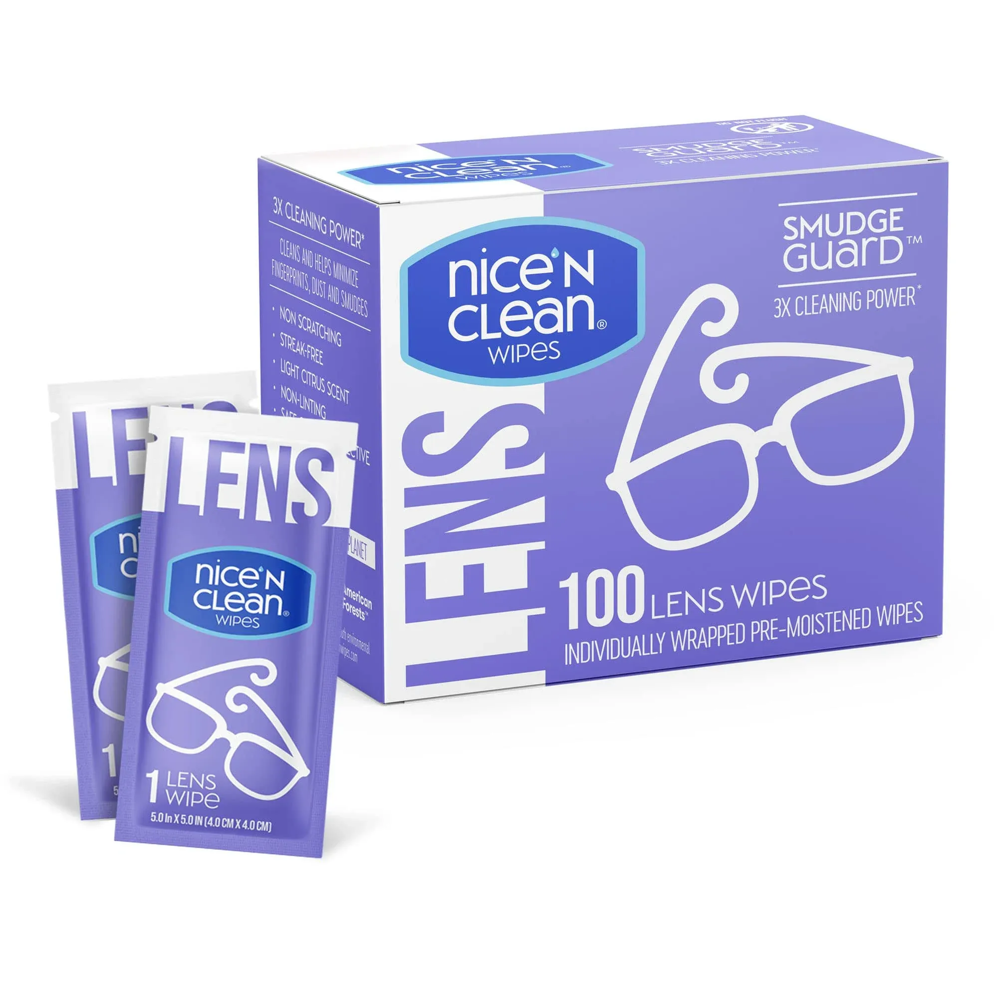 Nice 'N Clean SmudgeGuard Lens Cleaning Wipes (100 Total Wipes) | Pre-Moistened Individually Wrapped Wipes | Non-Scratching & Non-Streaking | Safe