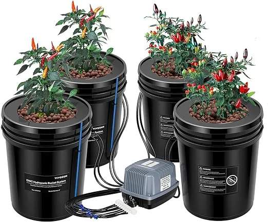 VIVOSUN DWC Hydroponics Grow System with Top Drip Kit, 5-Gallon Deep Water Culture, Recirculating Drip Garden System with Multi-Purpose Air Hose, Air Pump, and Air Stone (4 Buckets + Top Drip Kit)