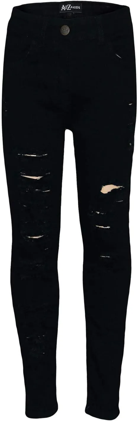 Kids Girls Stretchy Jeans Jet Black Denim Ripped Faded Fashion Skinny Jeggings