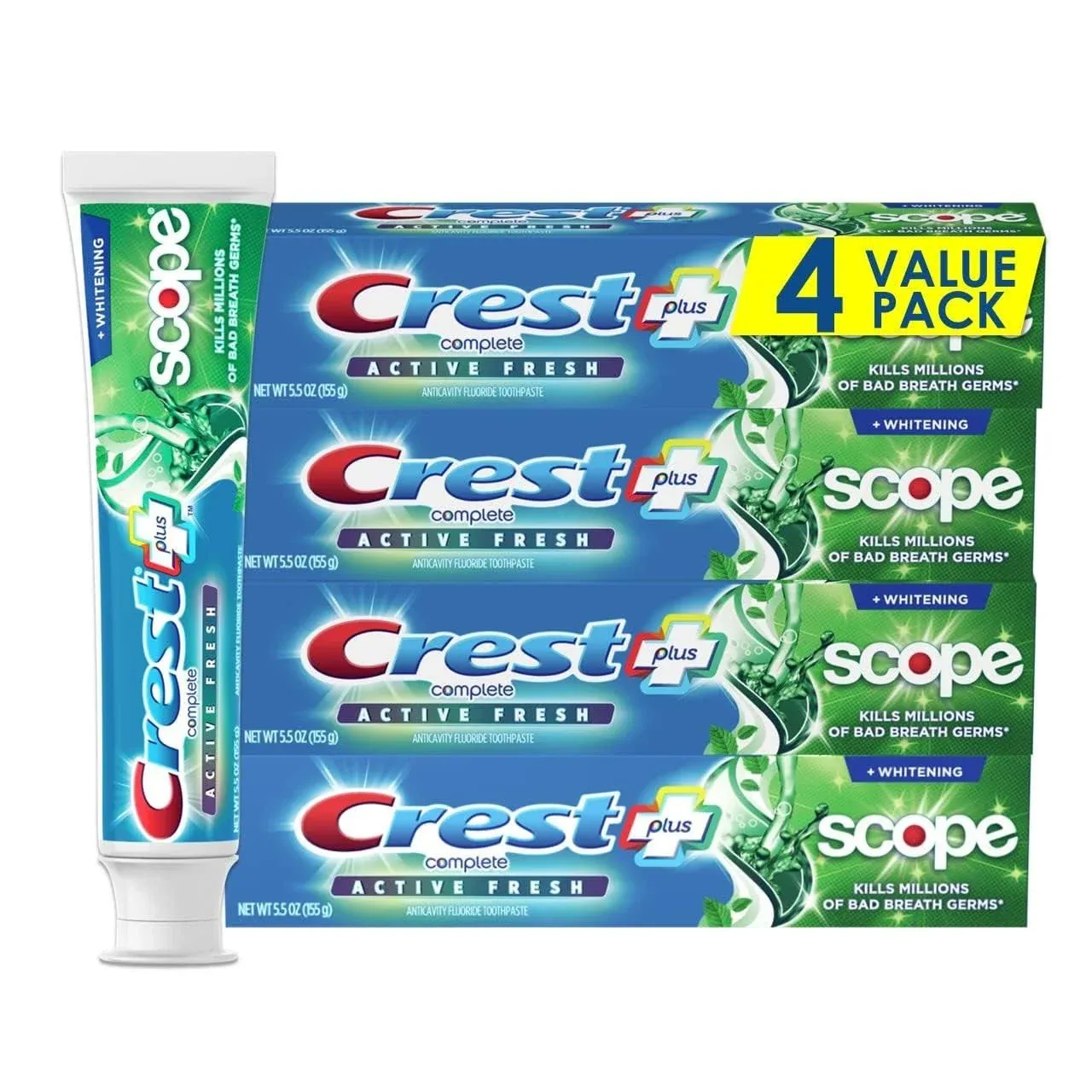 Crest Scope Toothpaste, Whitening, Active Fresh, Value 4 Pack - 4 pack, 5.5 oz tubes