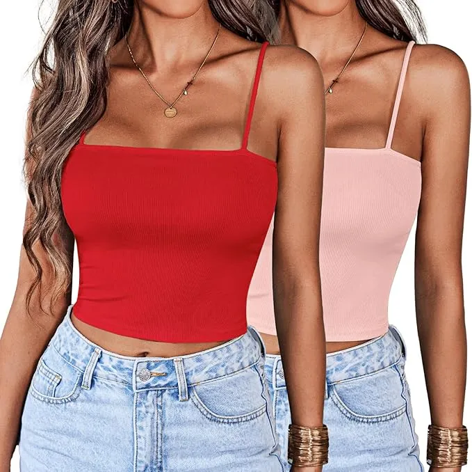 Ekouaer Women's 2pcs Crop Camisole Top Spaghetti Strap Tank Top Sleeveless Basic Cami Shirts Tube Tops