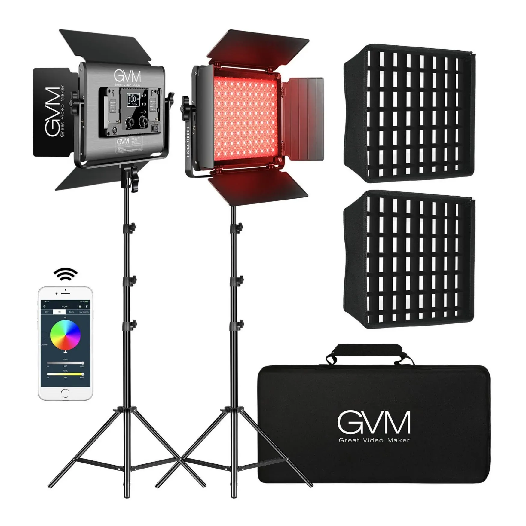 GVM RGB LED Studio Video Light Bi-Color Soft 2-Light Panel Kit 1000D-2L with 2 ...