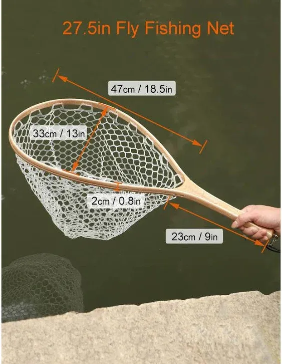 Fly Fishing Net Trout Net Rubber Mesh Wooden Landing Net Freshwater Kayak Flo...