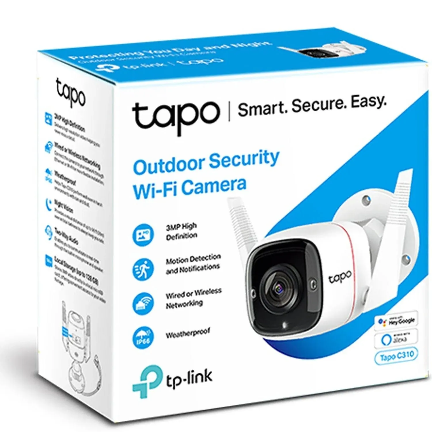 TP-LINK (TAPO C310) Outdoor Security Camera, Wired/Wireless, Ultra HD, Night Vision, Motion Detection, Alarms, 2-way Audio, Voice Control, SD Card Slot