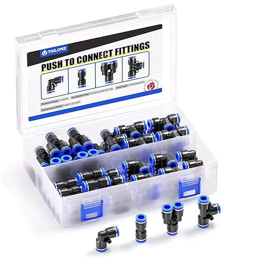 TAILONZ Pneumatic 5/16 inch OD Push to Connect Fittings Pneumatic Fittings Kit 10 Spliters+10 Elbows+10 tee+10 Straight(40 Pcs)