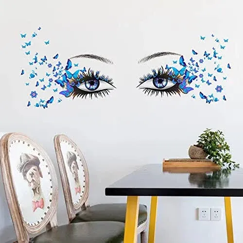 X-xdaonl Blue Eyelash Eyes Wall Stickers - 4 Sheets, Premium Matte Vinyl, Butterfly Decals, Waterproof, for Women Girls Bedroom Living Room Decoration