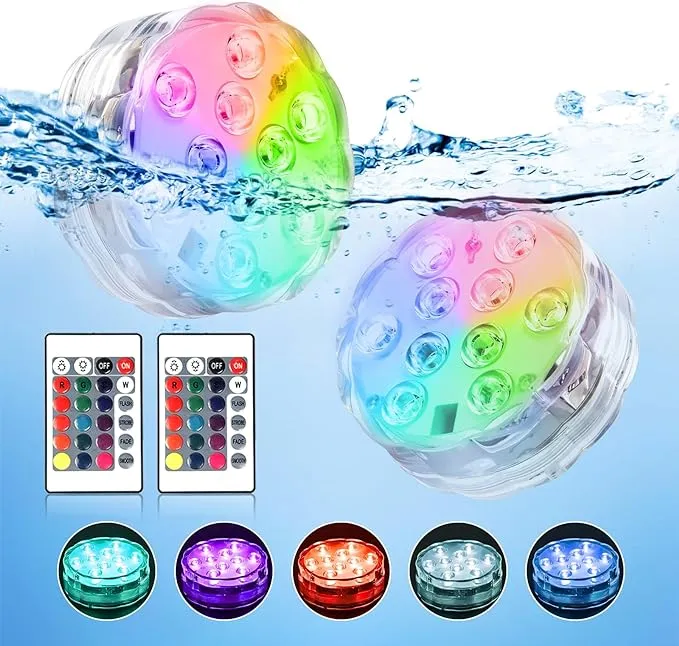 Underwater Submersible LED Lights: Waterproof Battery Operated Remote Control, Wireless LED Lights for Bath tub Hot Tub Pond Pool Fountain Waterfall Aquarium Party and Vase Base, 2 Pack