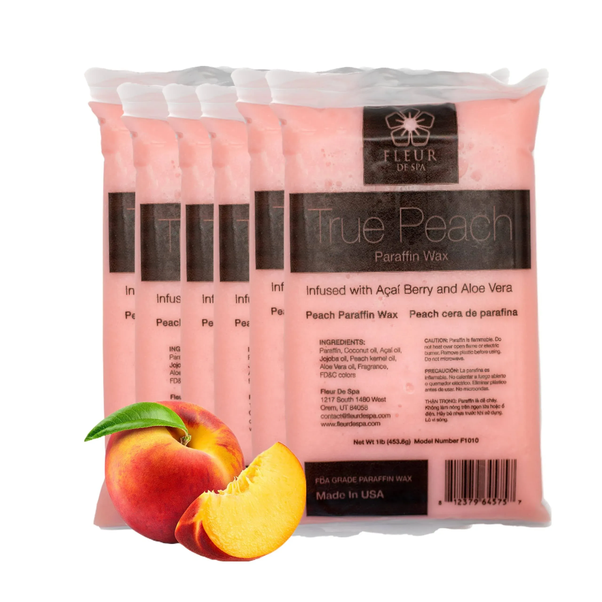 Paraffin Wax Refill by Fleur De Spa - 6lb Infused with Acai, Coconut Oil, Jojoba and Aloe USA Made (True peach)