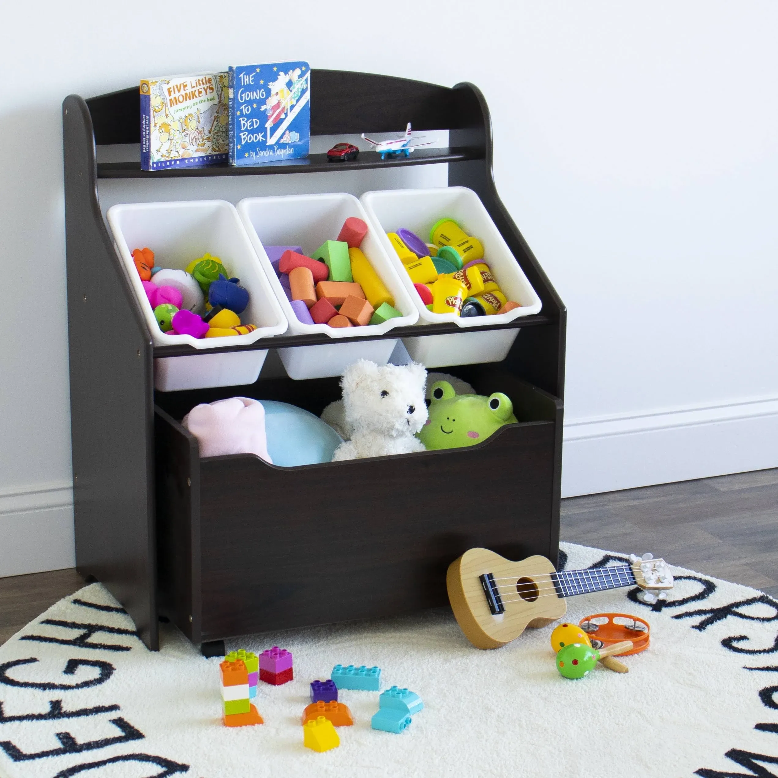 Humble Crew Toddler-Size Storage Unit with Rolling Toy Box, Espresso & White