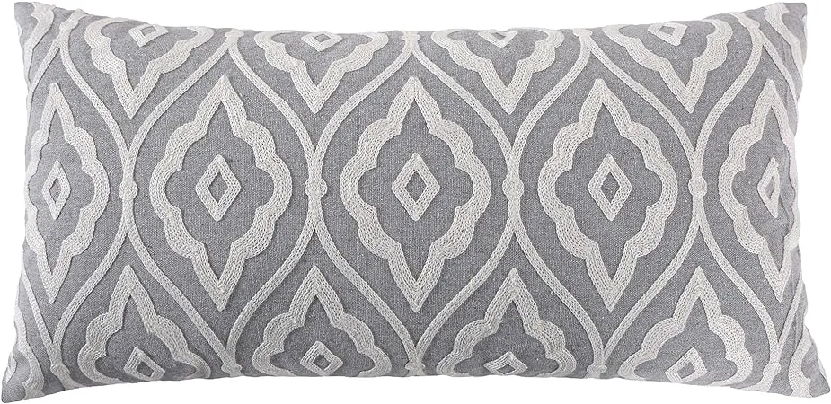 Levtex Home - Tamsin Grey - Decorative Pillow (12X24in.) - Embroidered Trellis - Grey and Off White