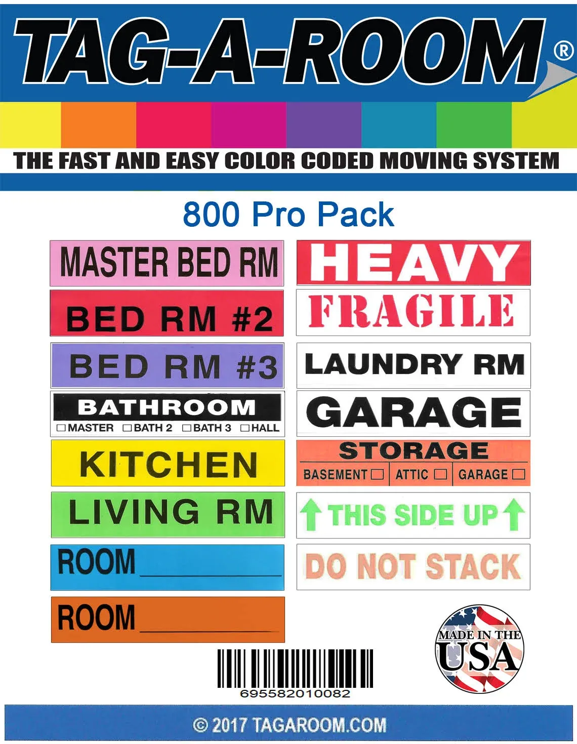 Tag-A-Room Moving Labels Color Coded (800 Count), 3-4 Bedroom Home Pack, Bundle