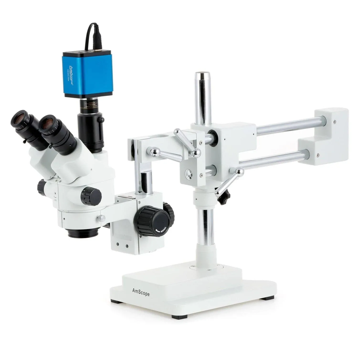 AmScope 3.5X-90X Simul-Focal Stereo Lockable Zoom Microscope On Dual Arm Boom Stand