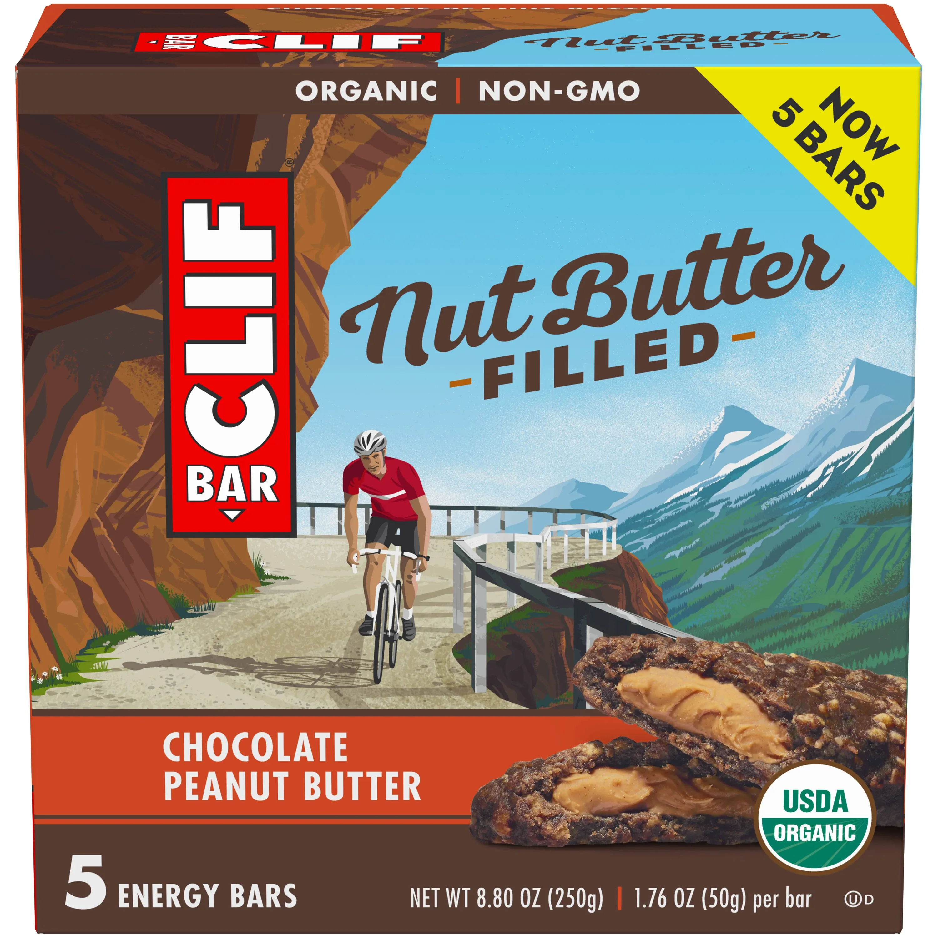 CLIF Nut Butter Bar - Chocolate Peanut Butter - Filled Energy Bars - Non-GMO - USDA Organic - Plant-Based - Low Glycemic - 1.76 oz. (5 Pack)