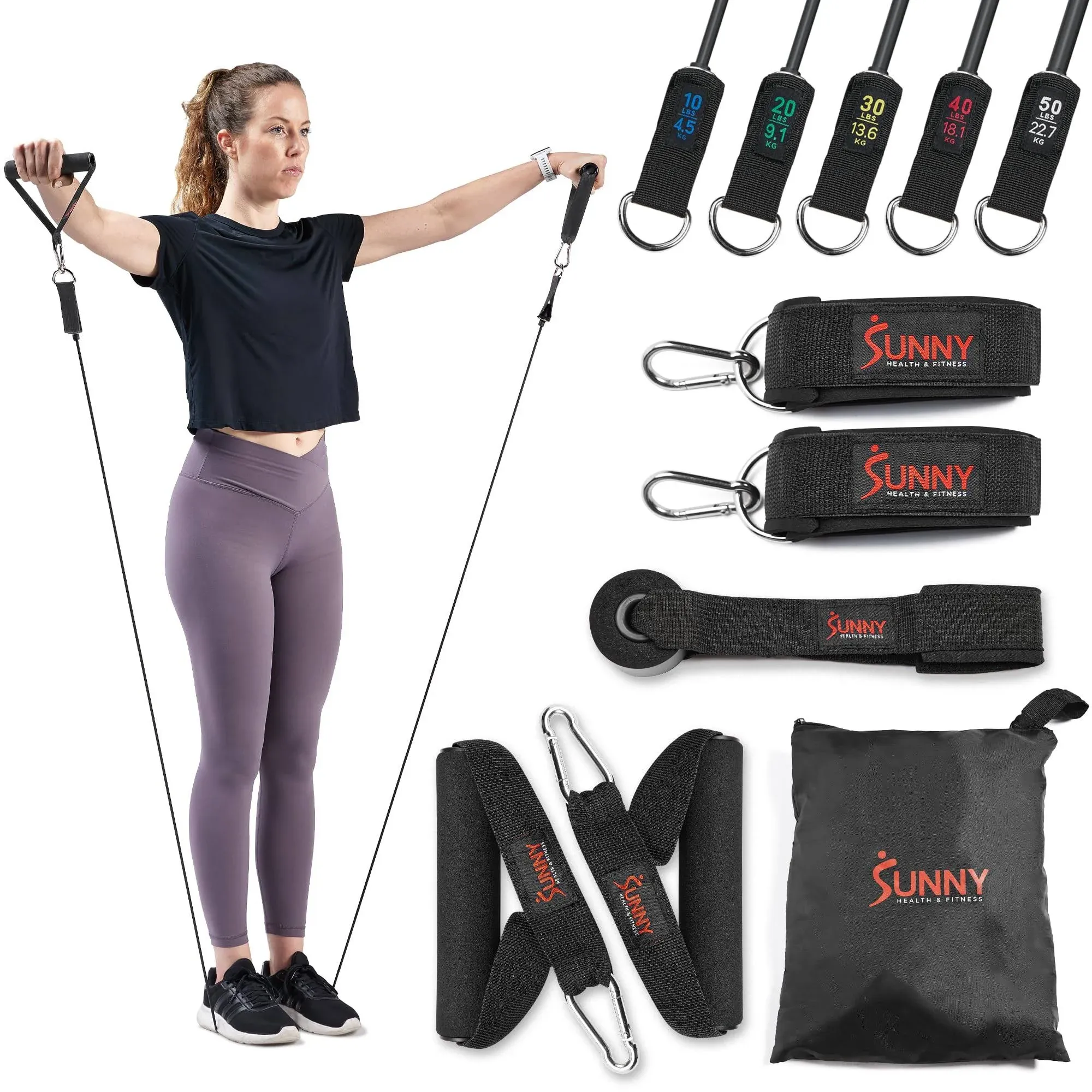 Sunny Health & Fitness Premium Resistance Band Set with Door Anchors, Wrist Straps, Handles & Carry Bag – Exercise Stretch Bands for Strength Training, Muscle Recovery, Yoga and More - NO. 089-COMBO