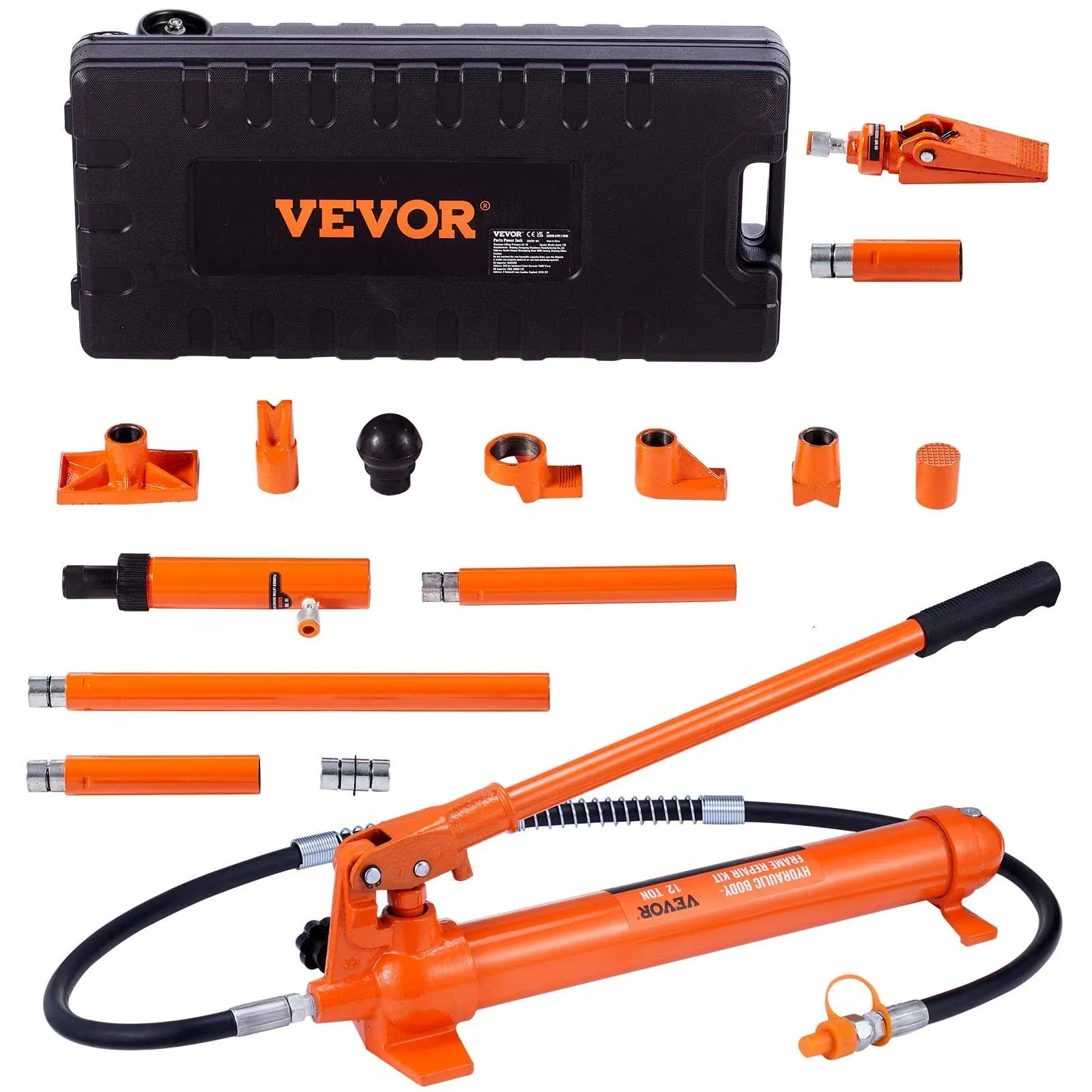 VEVOR 12 Ton Porta Power Kit, Hydraulic Ram with Pump with 4.6 ft/1.4 m Oil Hose, Portable Hydraulic Jack with Storage Case for Automotive, Garage, Farm, Mechanic (26455 LBS)  | VEVOR CA