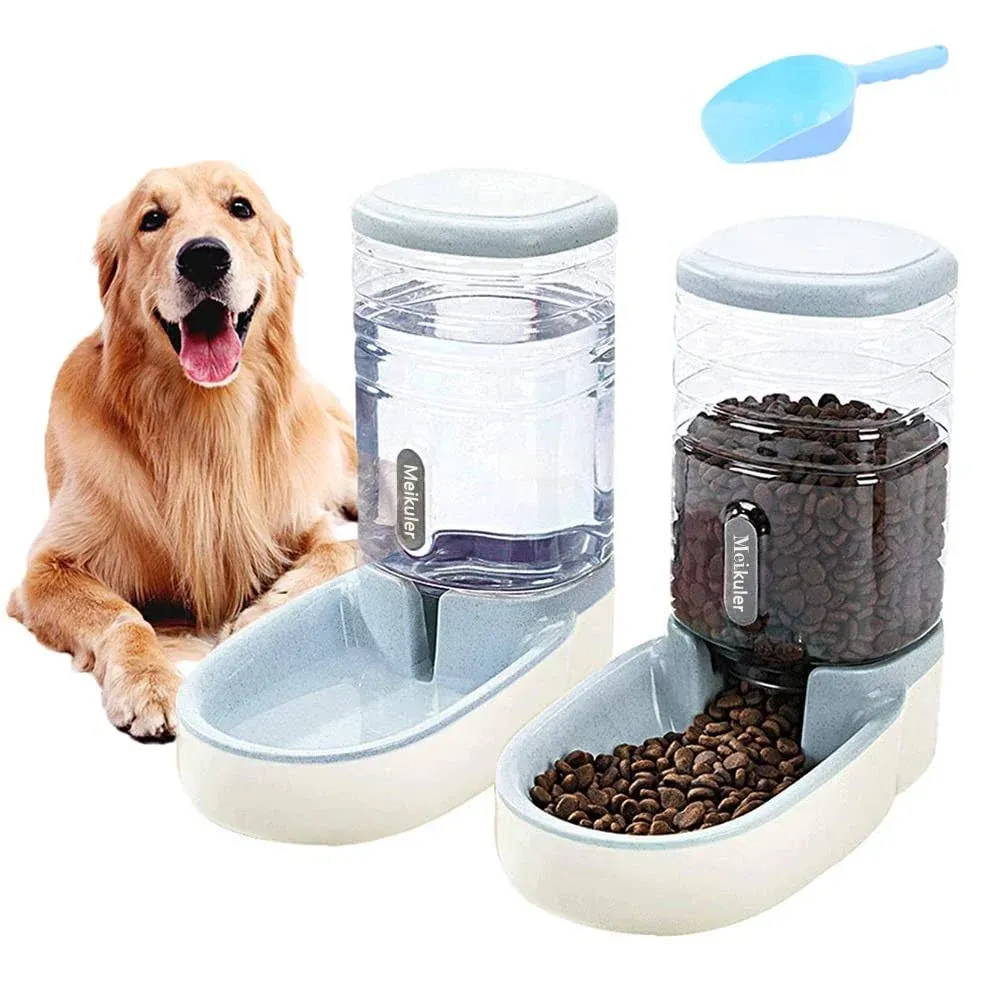 Meikuler Pets Auto Feeder 3.8L,Food Feeder and Water Dispenser Set for Small & Big Dogs Cats and Pets Animals (Grey)