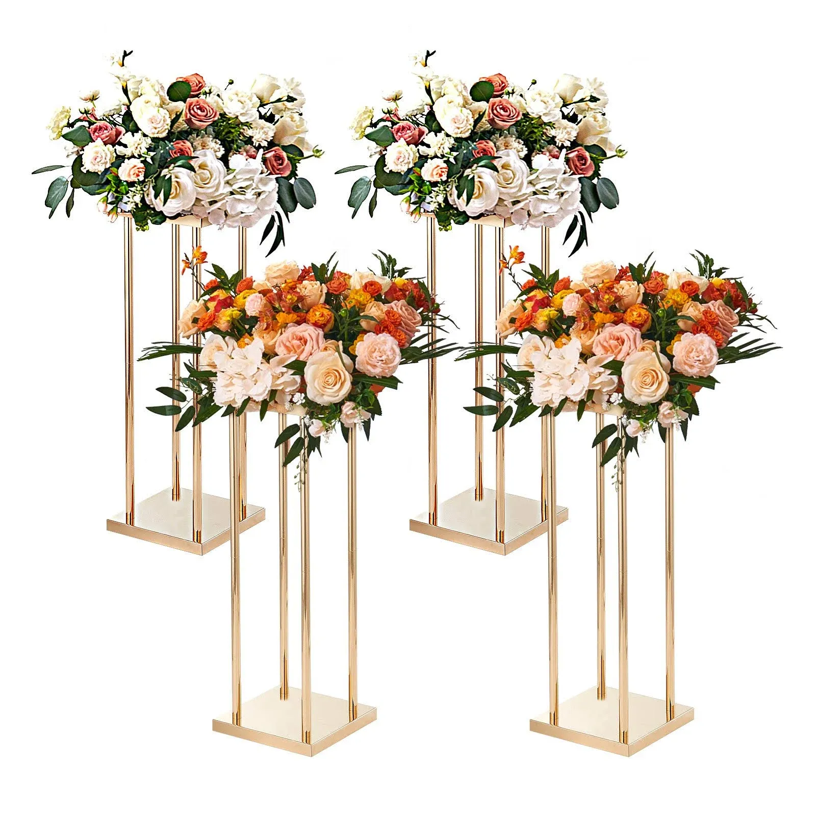 VEVOR 4PCS Gold Metal Column Wedding Flower Stand, 31.5inch High with Metal Laminate, Vase Geometric Centerpiece Stands, Cylindrical Floral Display Rack for Events Reception, Party Road Leads