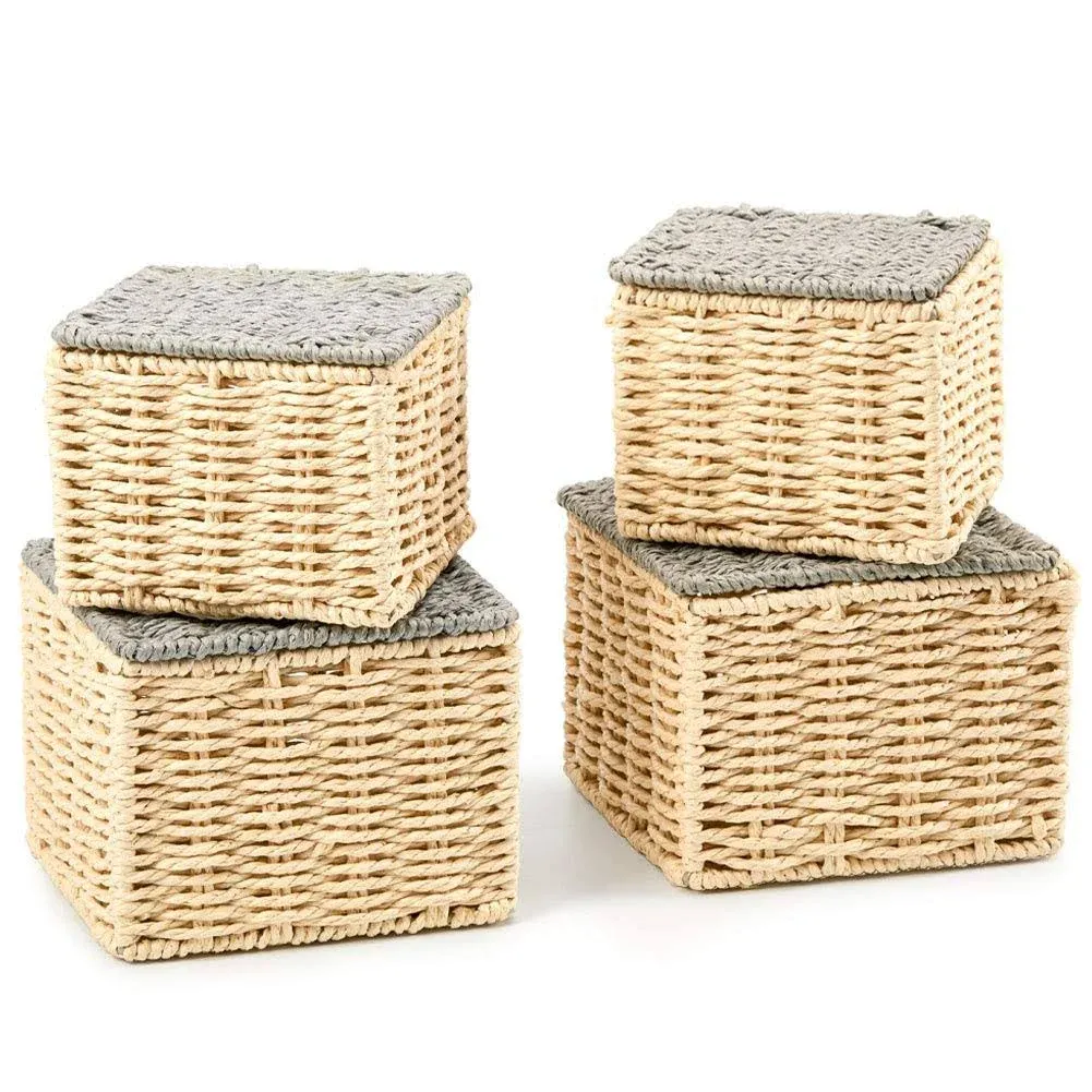 Ezoware Set of 4 Paper Rope Lidded Stackable Storage Baskets, Woven Braided ...