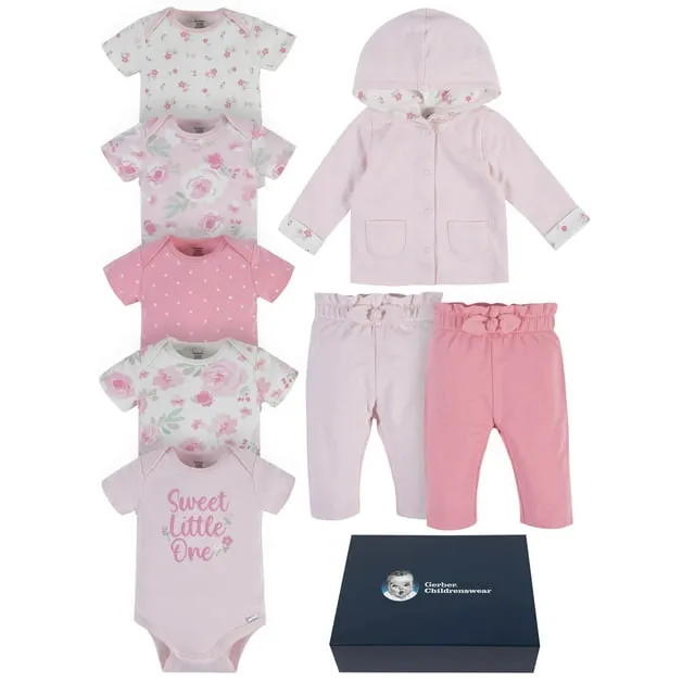 Gerber Baby 8-Piece Clothing Gift Set (5pk Bodysuits 2pk Pants & 1pk Hooded Cardigan), Pink, 0-3 Months