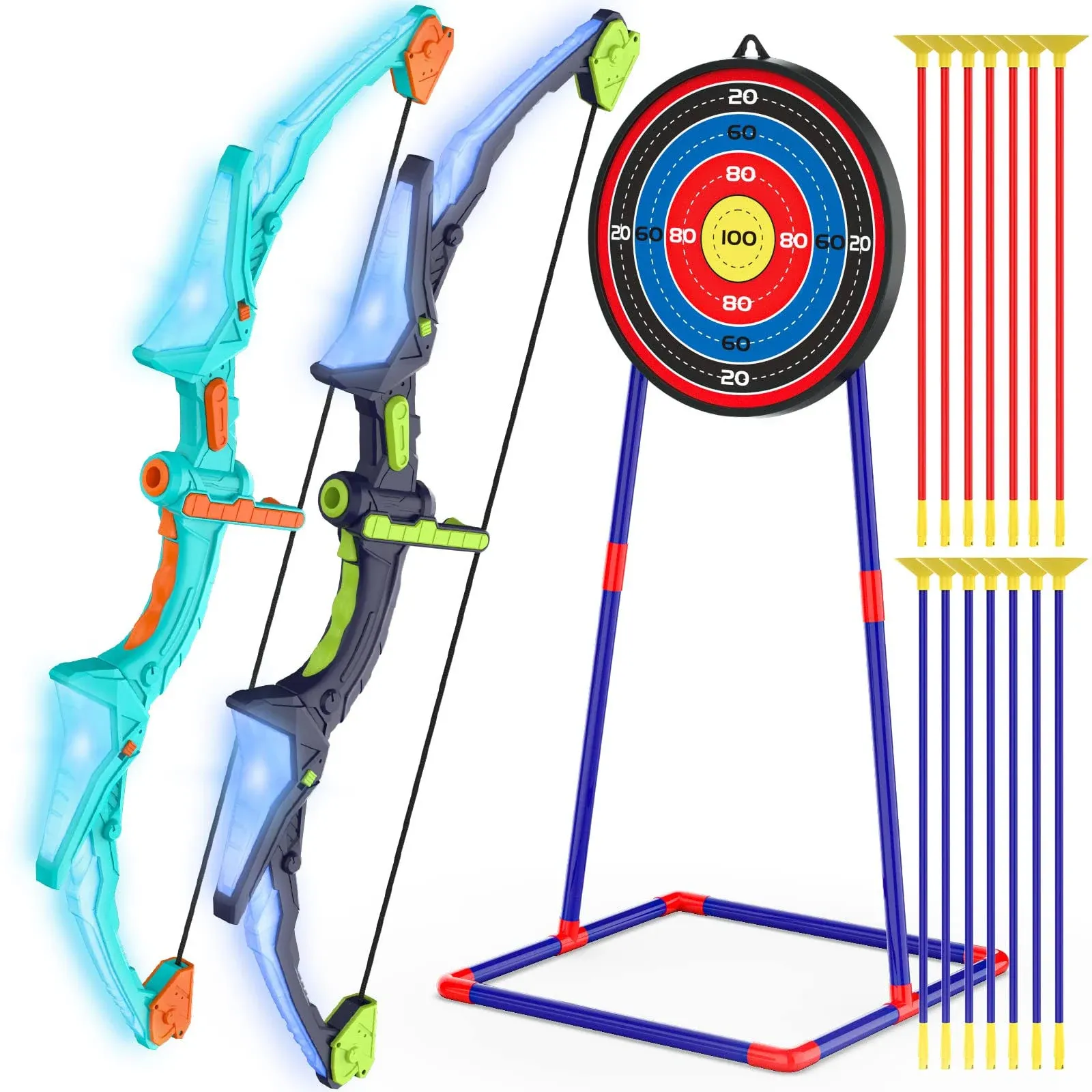 Kmuxilal 2 Pack Kids Bow and Arrow Set with LED Flash Lights, 14 Suction Cup Arrows and Fluorescence Standing Target-Perfect Indoor and Outdoor